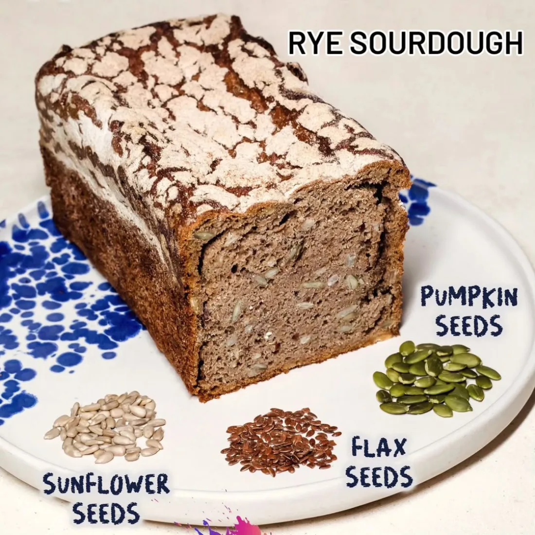 House rye sourdough loaf with seeds, baked in house